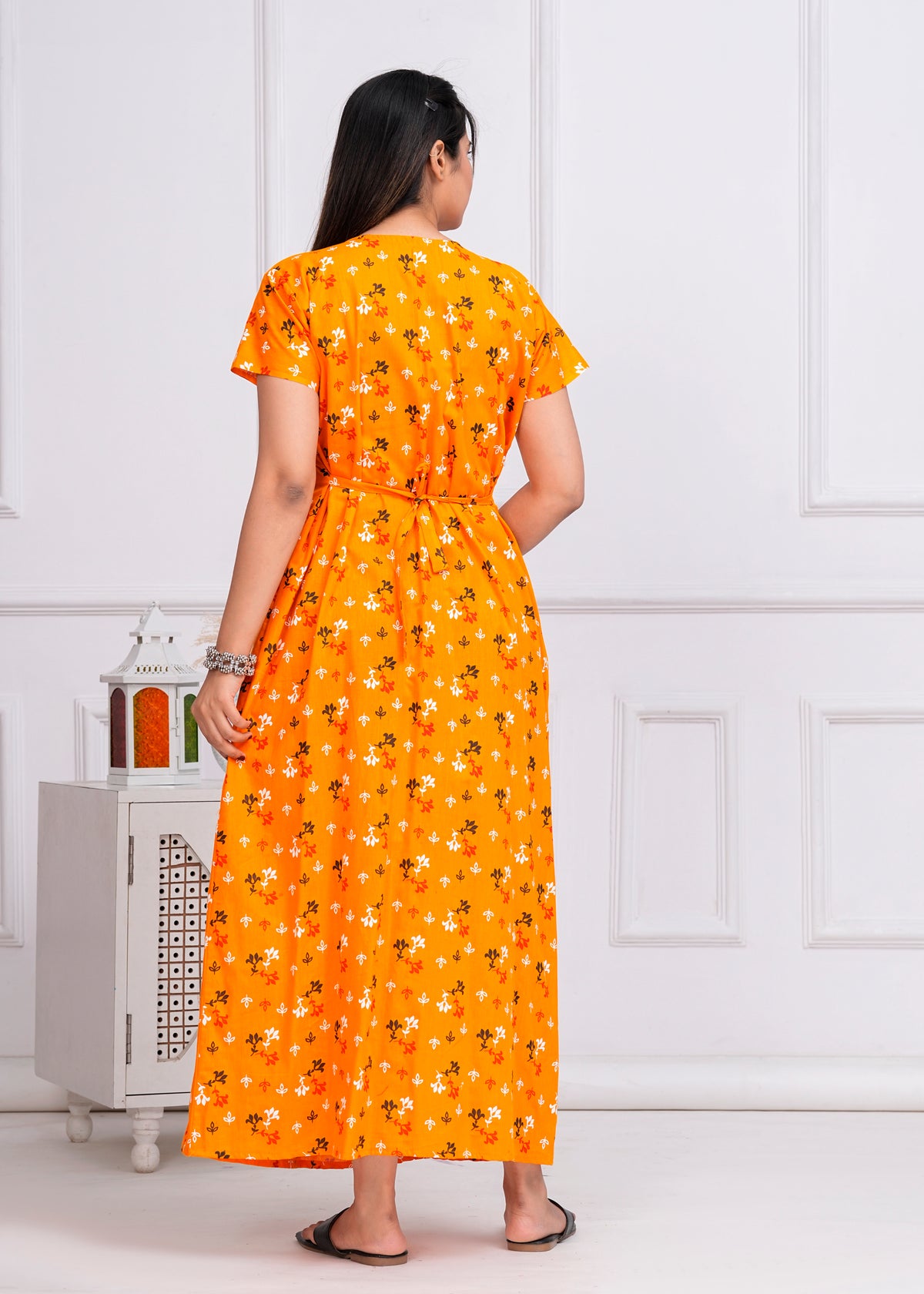 Valentina Yellow Embroidered Cotton Printed Nightdress