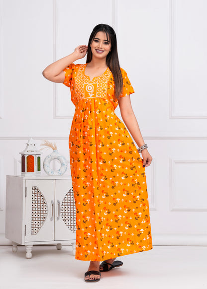 Valentina Yellow Embroidered Cotton Printed Nightdress