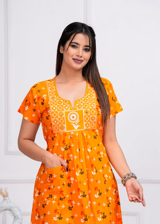 Valentina Yellow Embroidered Cotton Printed Nightdress