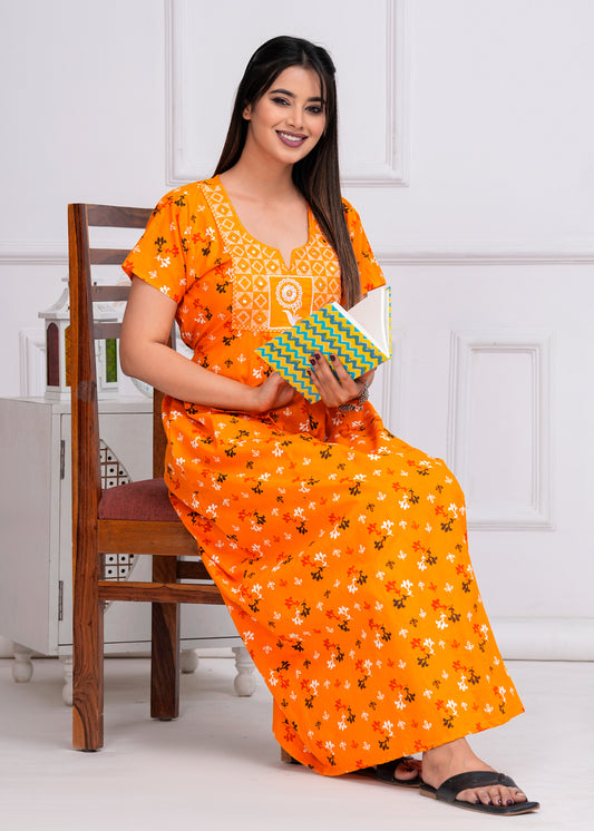 Valentina Yellow Embroidered Cotton Printed Nightdress