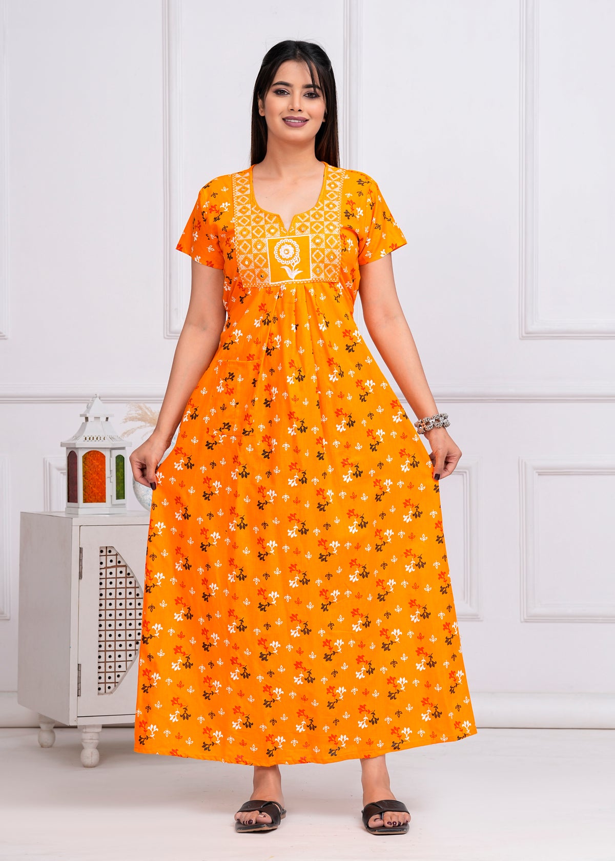 Valentina Yellow Embroidered Cotton Printed Nightdress