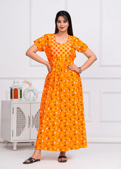 Duru Yellow Embroidered Cotton Printed Nightdress