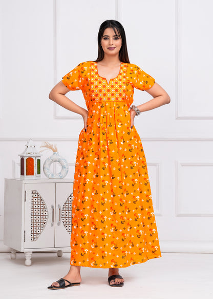 Duru Yellow Embroidered Cotton Printed Nightdress