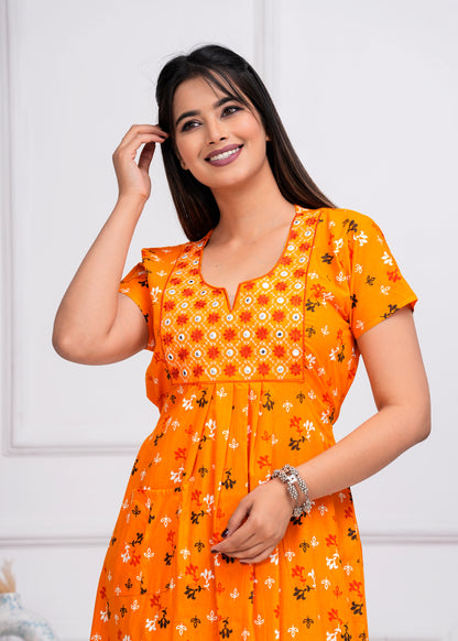 Duru Yellow Embroidered Cotton Printed Nightdress