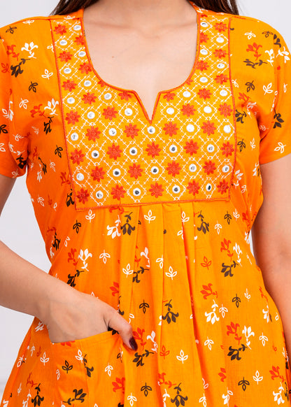 Duru Yellow Embroidered Cotton Printed Nightdress