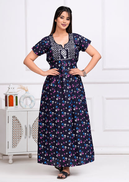 Lucia Blue Embroidered Cotton Printed Nightdress