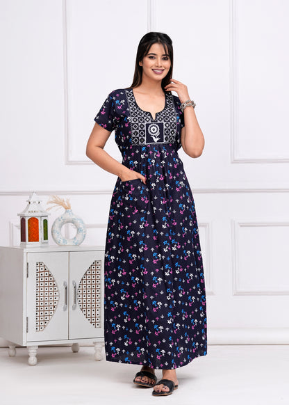 Lucia Blue Embroidered Cotton Printed Nightdress
