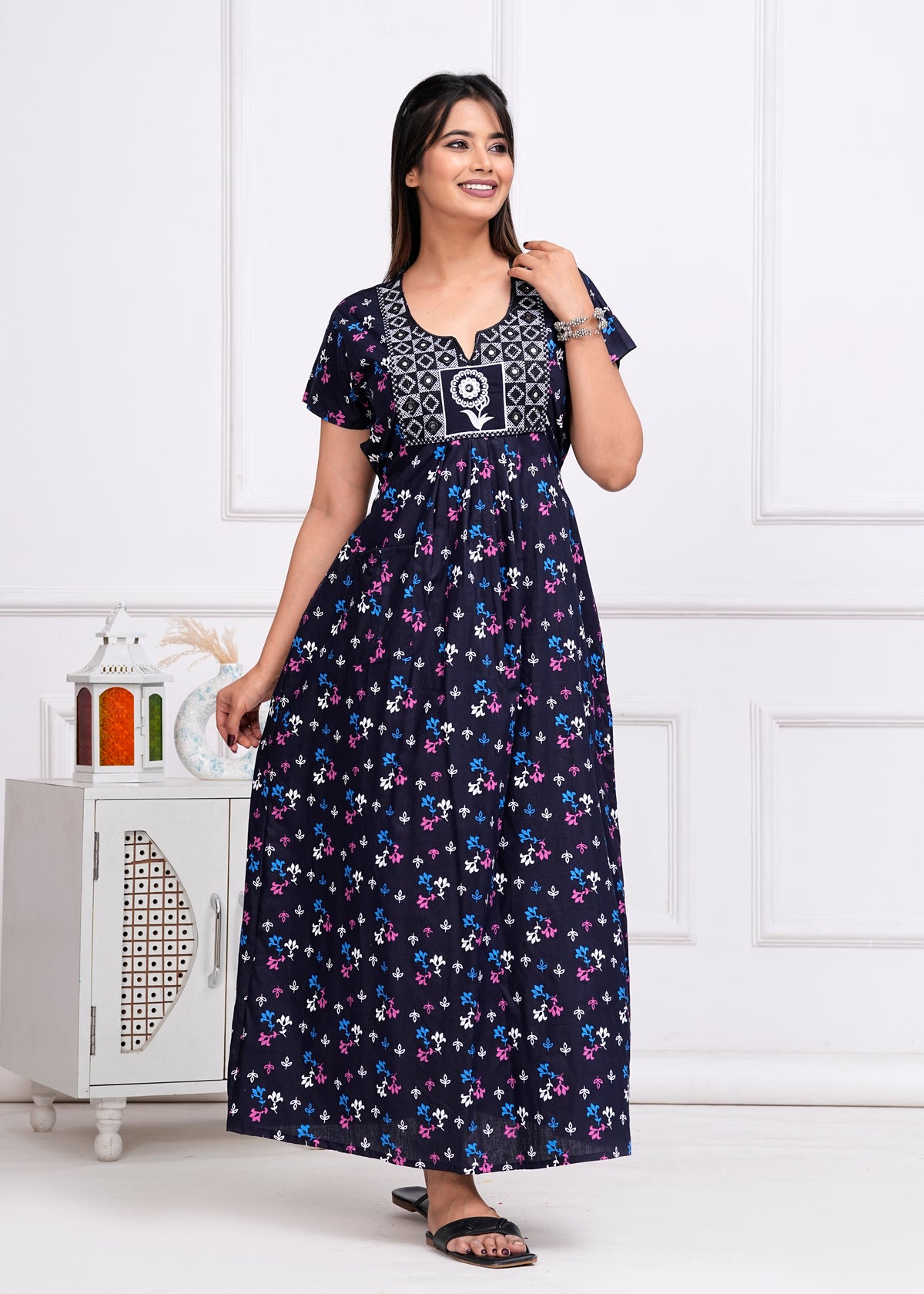 Lucia Blue Embroidered Cotton Printed Nightdress