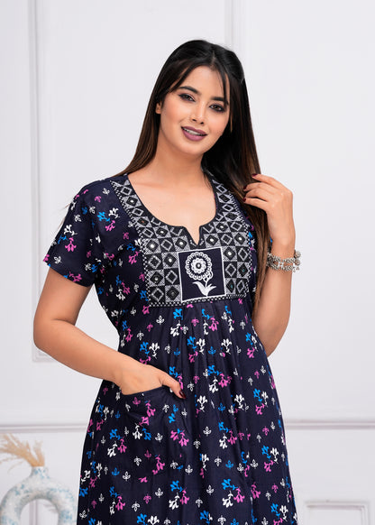 Lucia Blue Embroidered Cotton Printed Nightdress