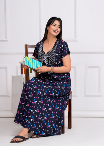 Lucia Blue Embroidered Cotton Printed Nightdress