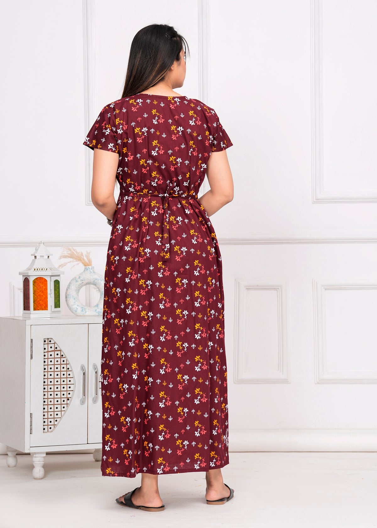 Arezao Maroon Embroidered Cotton Printed Nightdress
