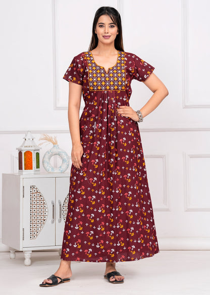 Arezao Maroon Embroidered Cotton Printed Nightdress