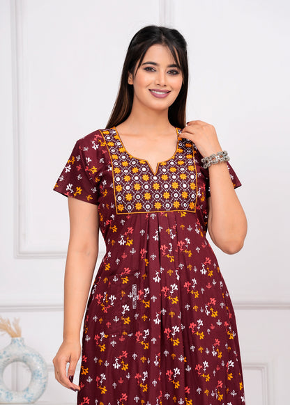 Arezao Maroon Embroidered Cotton Printed Nightdress