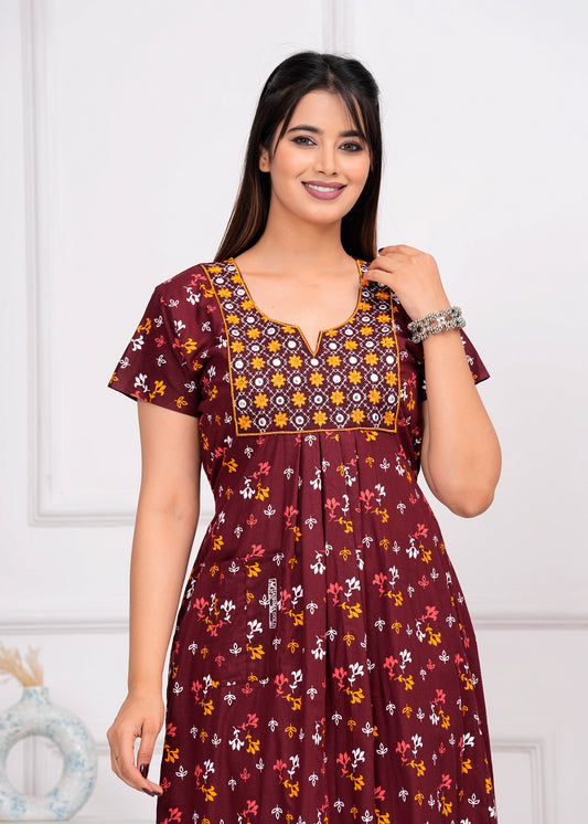 Arezao Maroon Embroidered Cotton Printed Nightdress