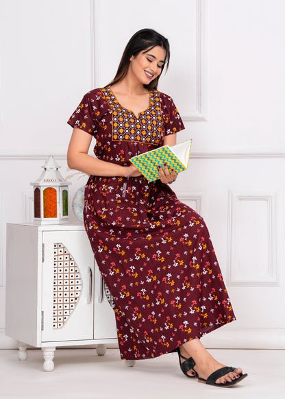 Arezao Maroon Embroidered Cotton Printed Nightdress