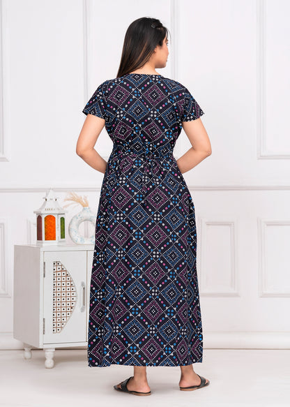 Serafina Blue Embroidered Cotton Printed Nightdress