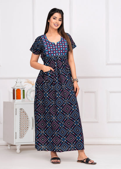 Serafina Blue Embroidered Cotton Printed Nightdress