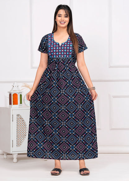 Serafina Blue Embroidered Cotton Printed Nightdress