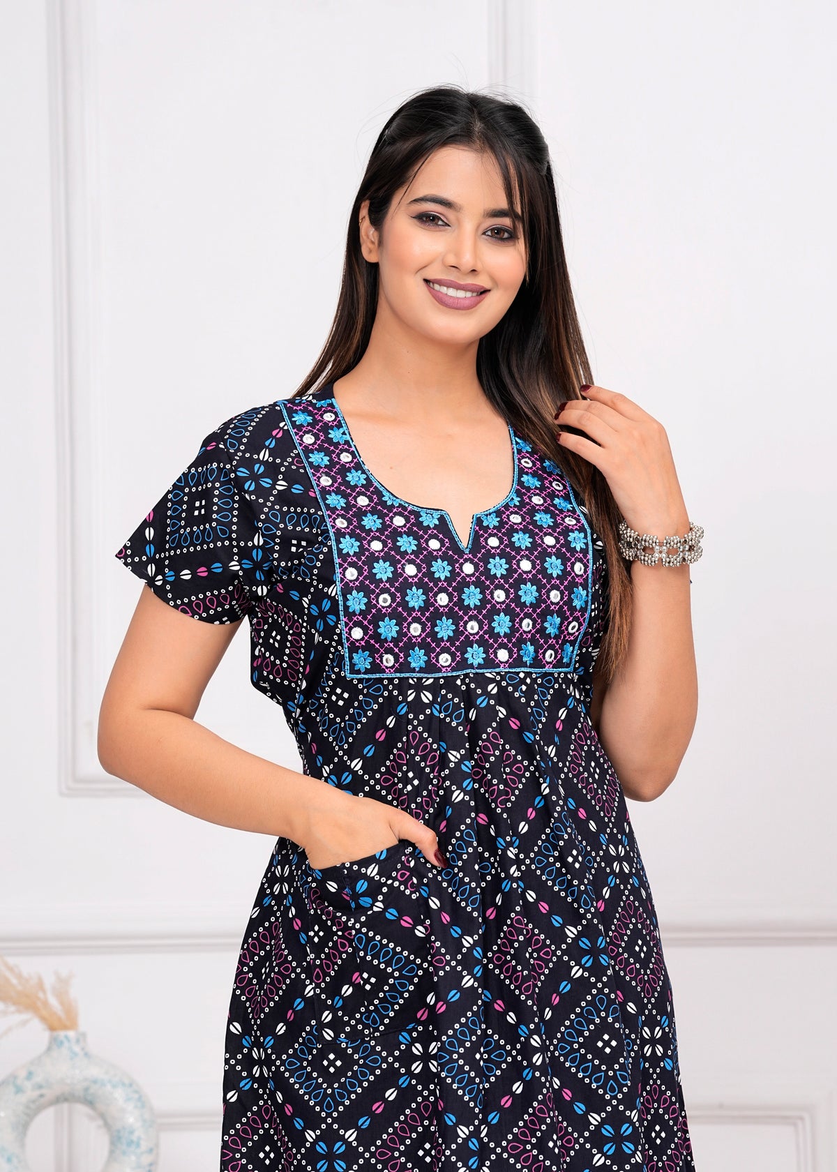 Serafina Blue Embroidered Cotton Printed Nightdress