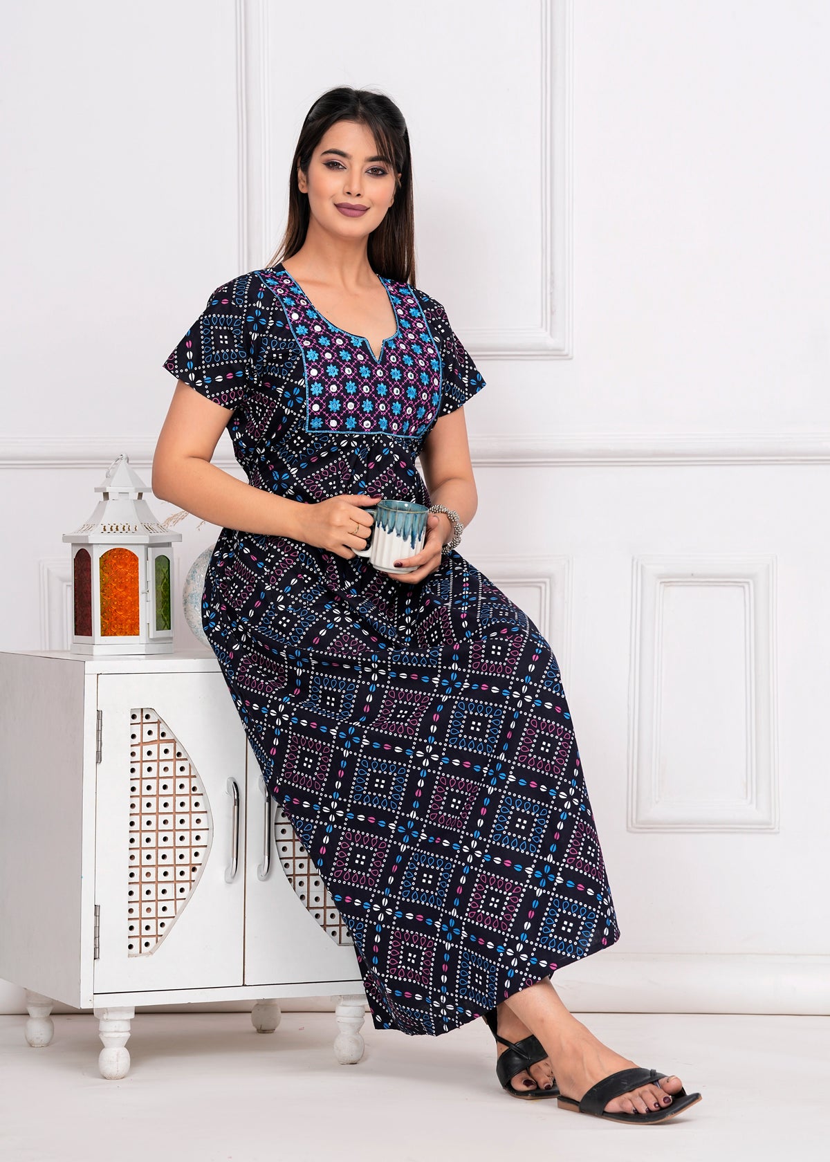 Serafina Blue Embroidered Cotton Printed Nightdress