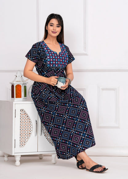 Serafina Blue Embroidered Cotton Printed Nightdress
