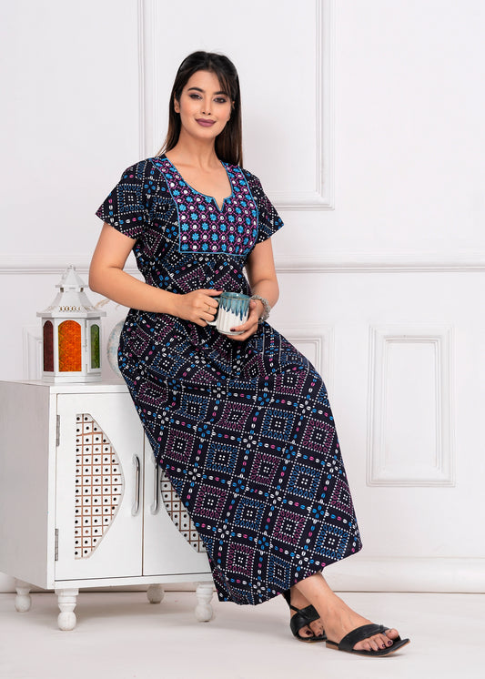 Serafina Blue Embroidered Cotton Printed Nightdress