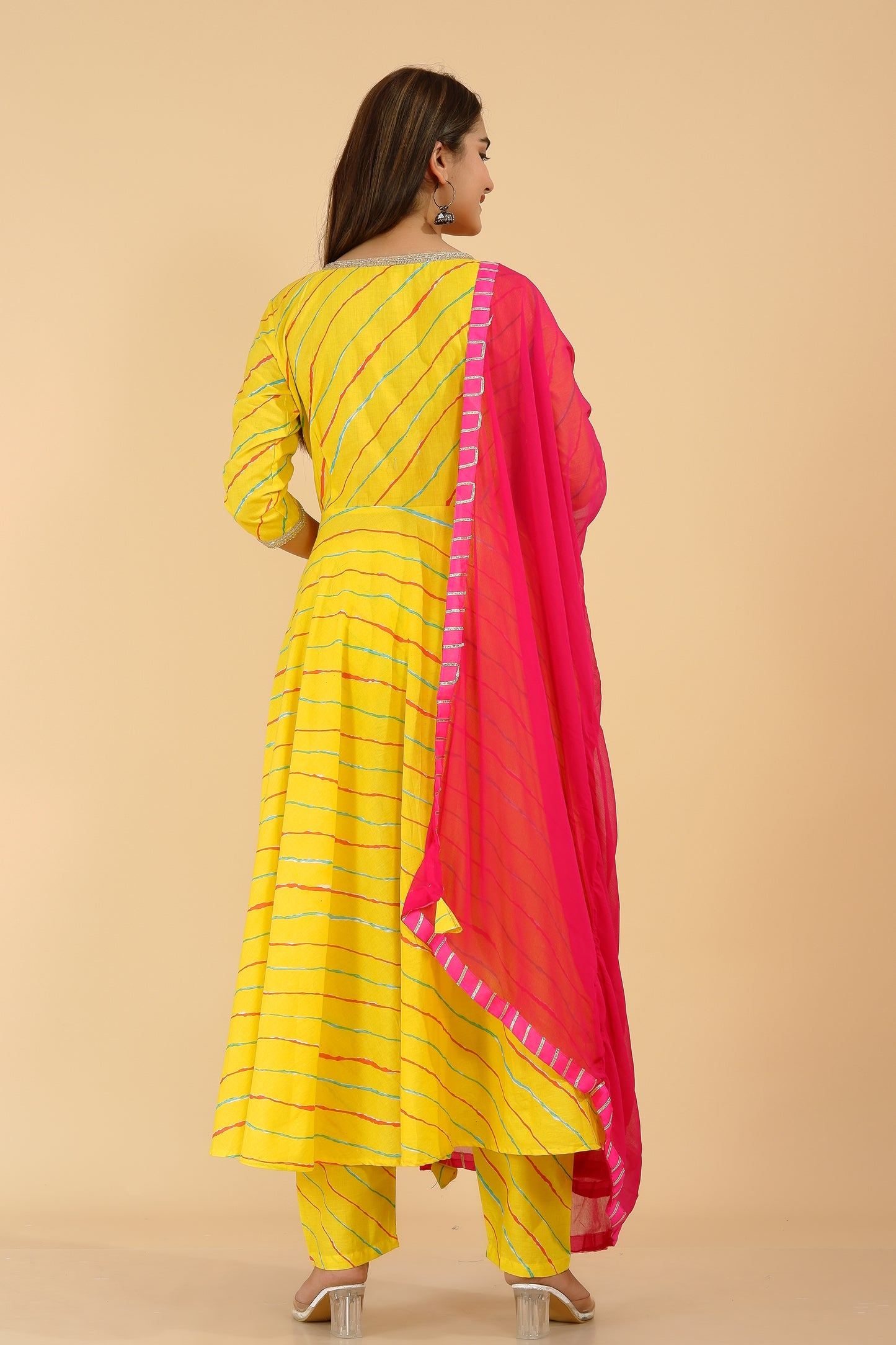 Yellow Leheriya Printed Anarkali Suit Set