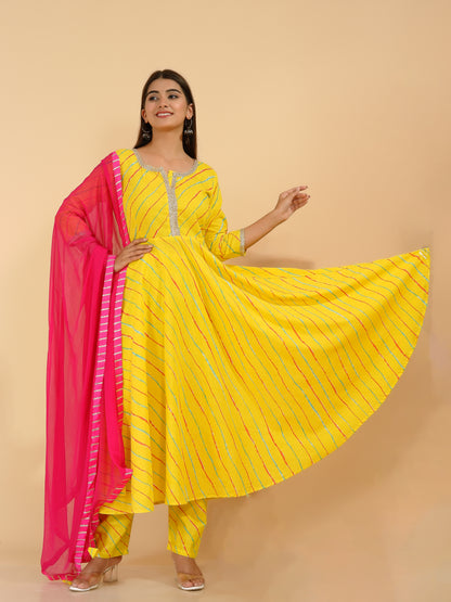 Yellow Leheriya Printed Anarkali Suit Set