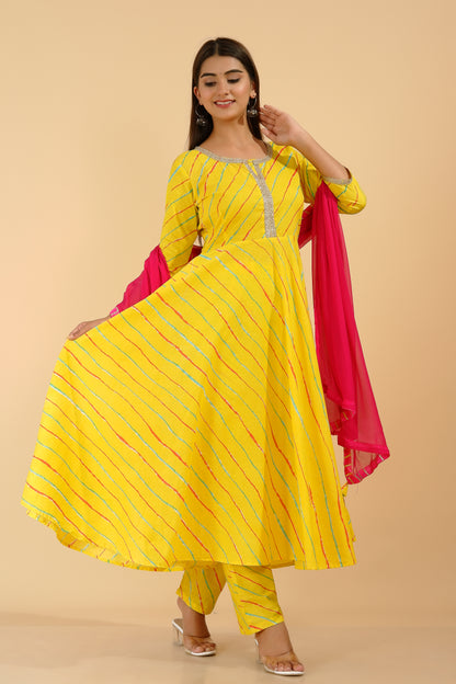 Yellow Leheriya Printed Anarkali Suit Set