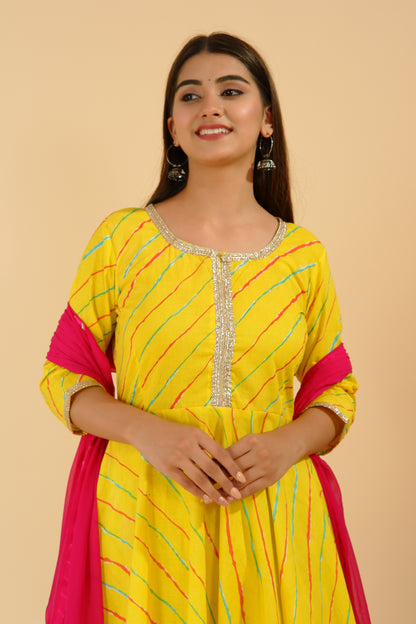 Yellow Leheriya Printed Anarkali Suit Set