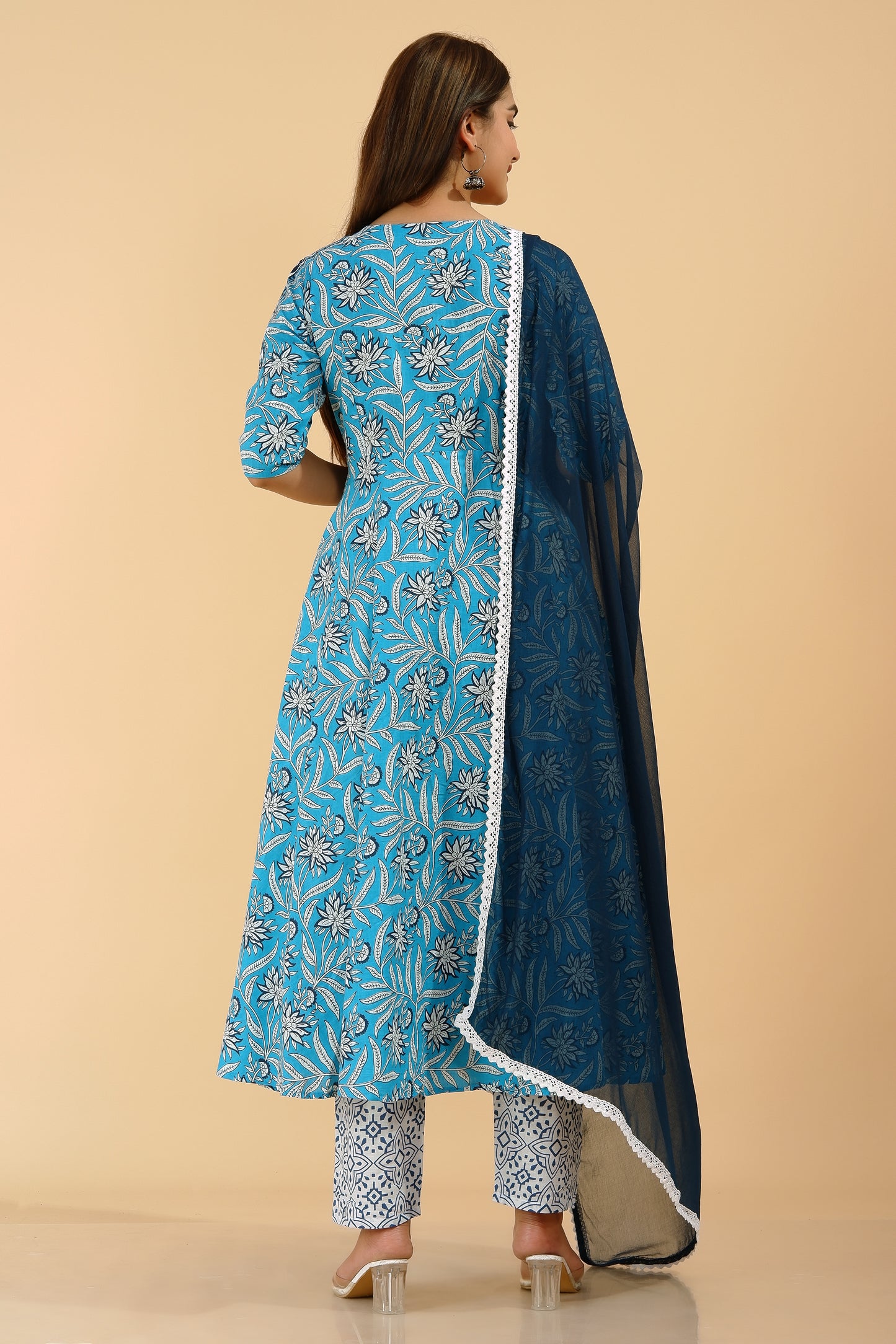 Women's Rayon Aqua Blue Flared Anarkali Suit Set