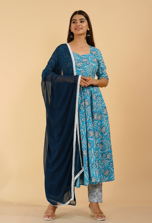 Women's Rayon Aqua Blue Flared Anarkali Suit Set
