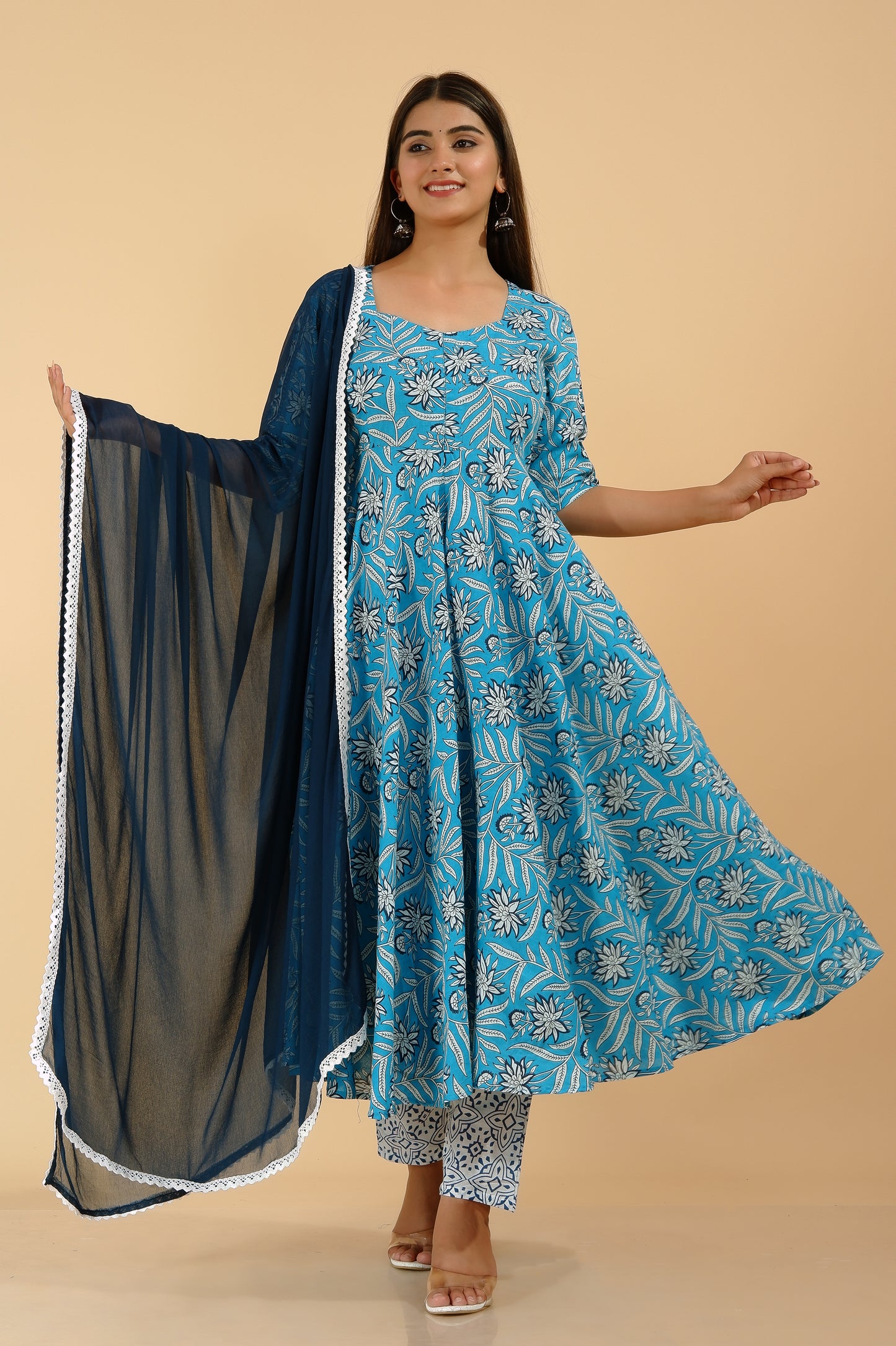 Women's Rayon Aqua Blue Flared Anarkali Suit Set