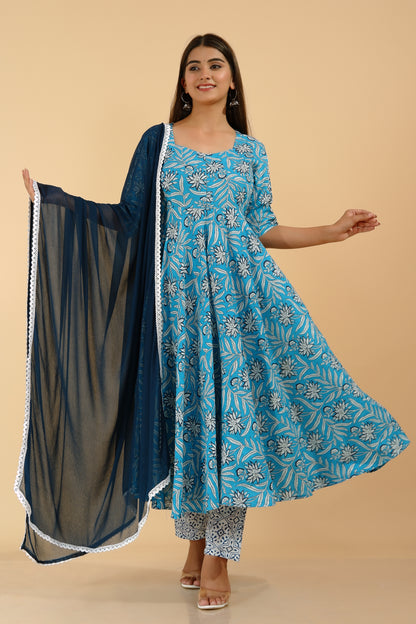 Women's Rayon Aqua Blue Flared Anarkali Suit Set