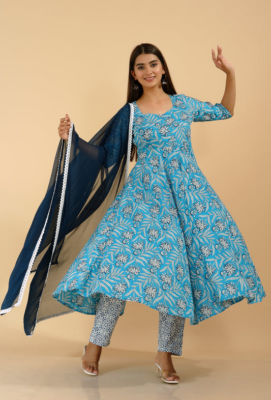 Women's Rayon Aqua Blue Flared Anarkali Suit Set