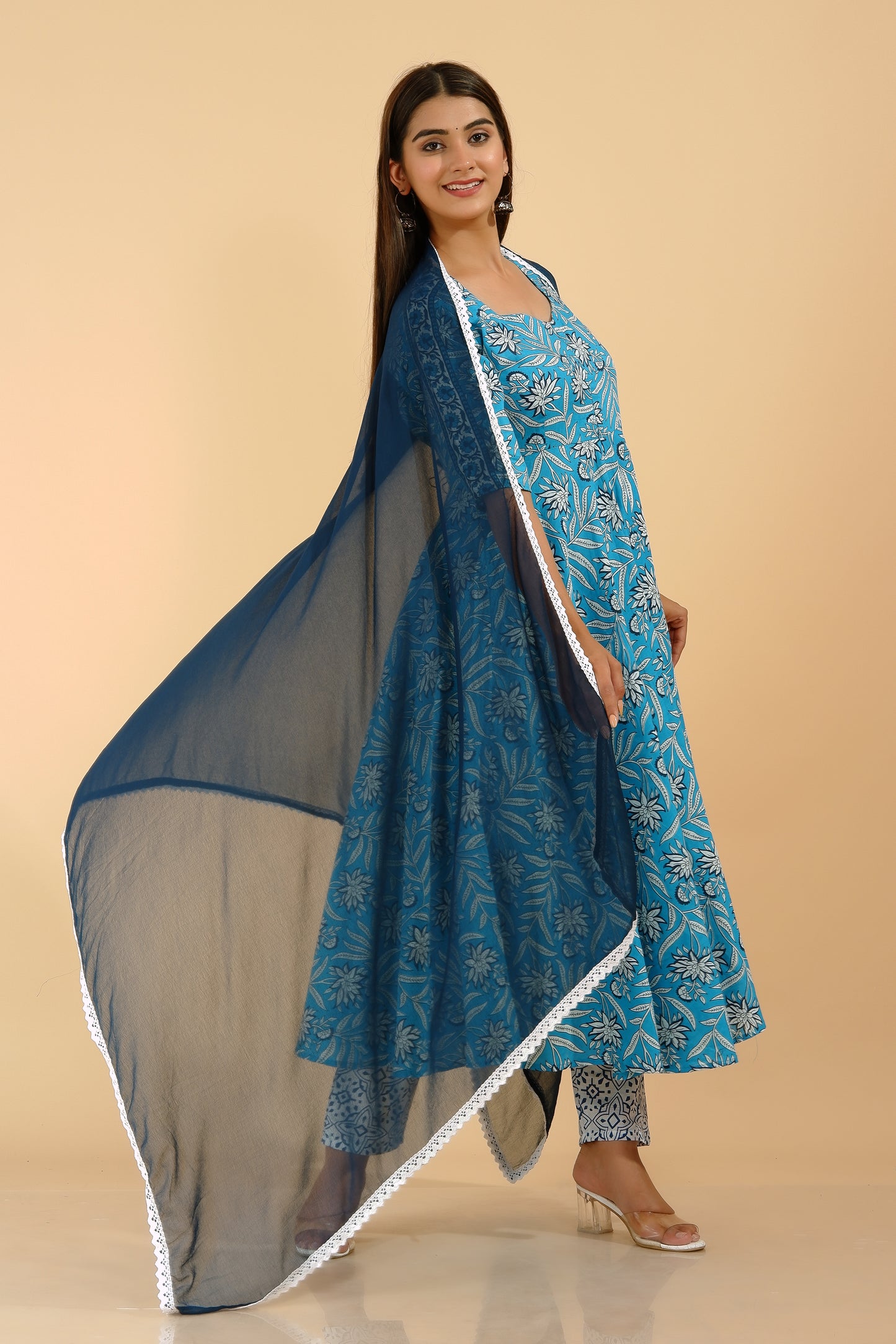 Women's Rayon Aqua Blue Flared Anarkali Suit Set
