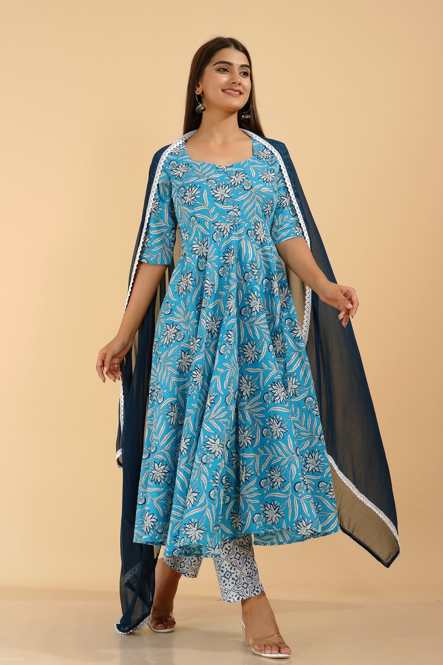 Women's Rayon Aqua Blue Flared Anarkali Suit Set