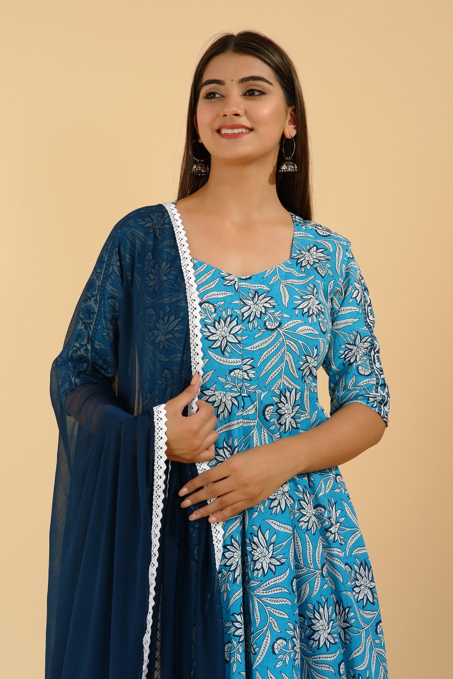 Women's Rayon Aqua Blue Flared Anarkali Suit Set