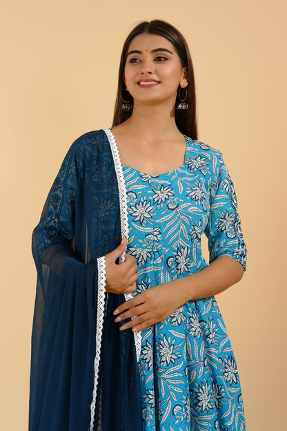 Women's Rayon Aqua Blue Flared Anarkali Suit Set