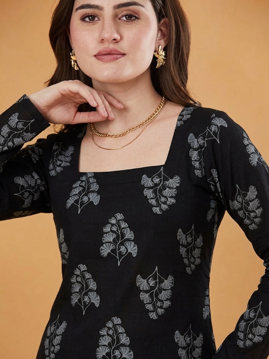 Rayon Floral Hanblock Boota Printed Black Short Kurti