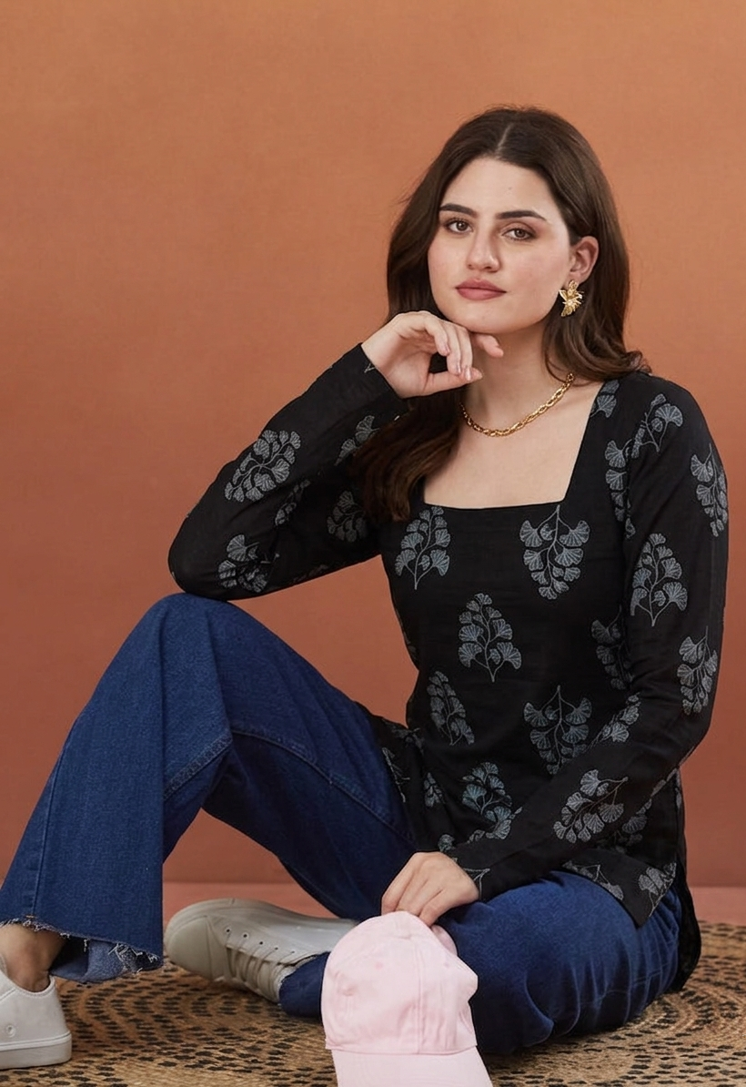 Rayon Floral Hanblock Boota Printed Black Short Kurti