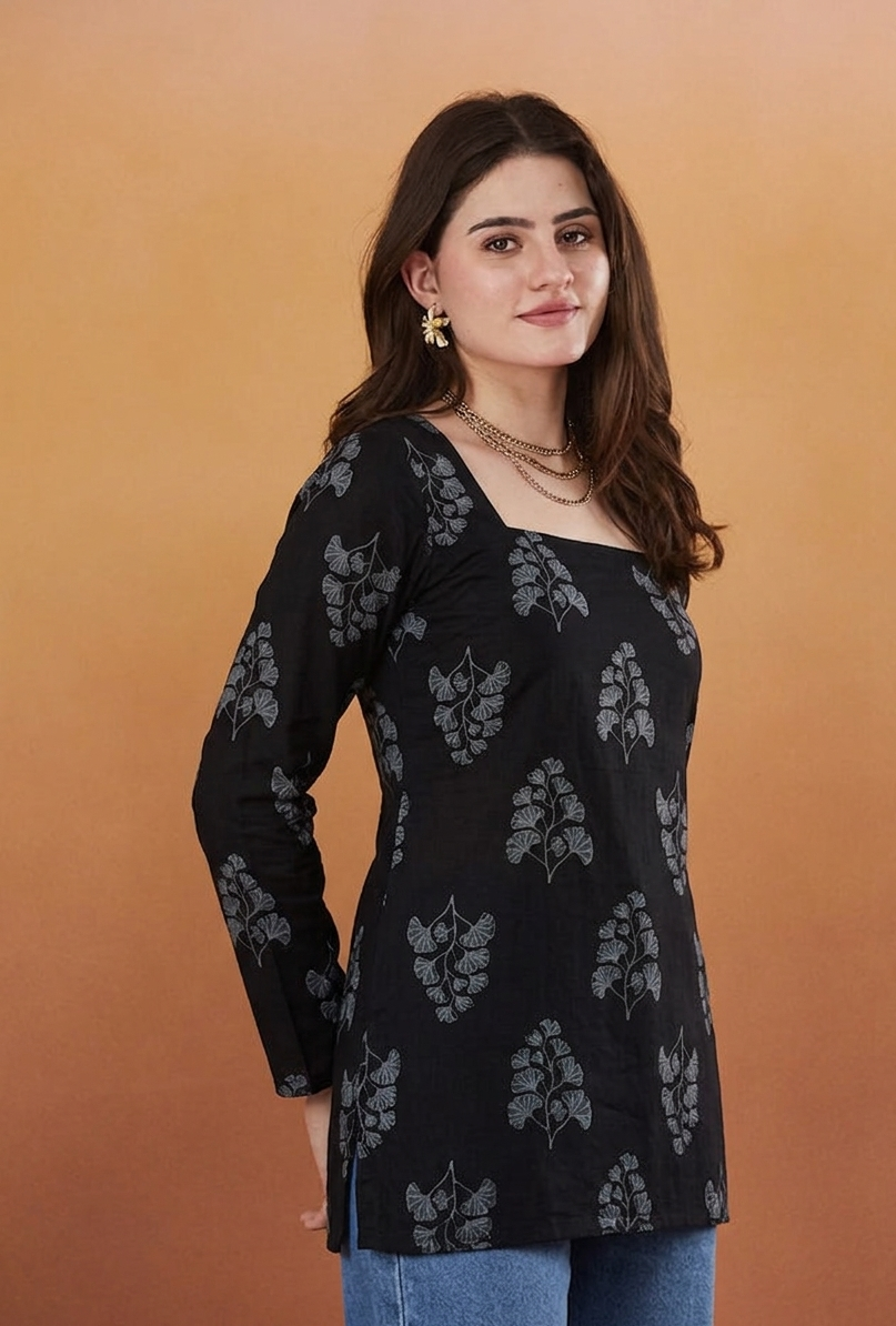 Rayon Floral Hanblock Boota Printed Black Short Kurti