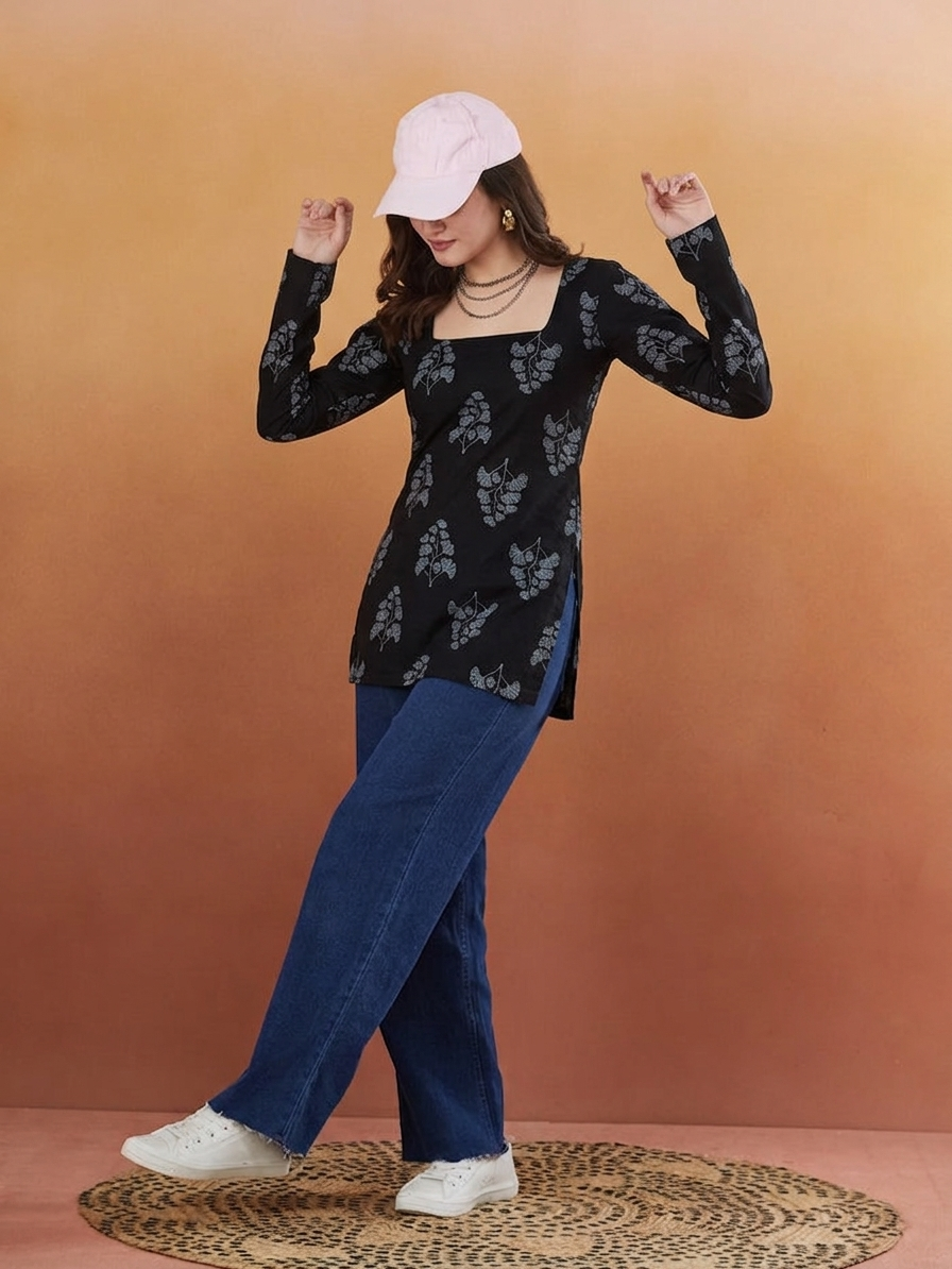 Rayon Floral Hanblock Boota Printed Black Short Kurti