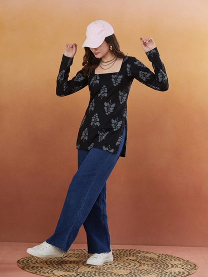 Rayon Floral Hanblock Boota Printed Black Short Kurti