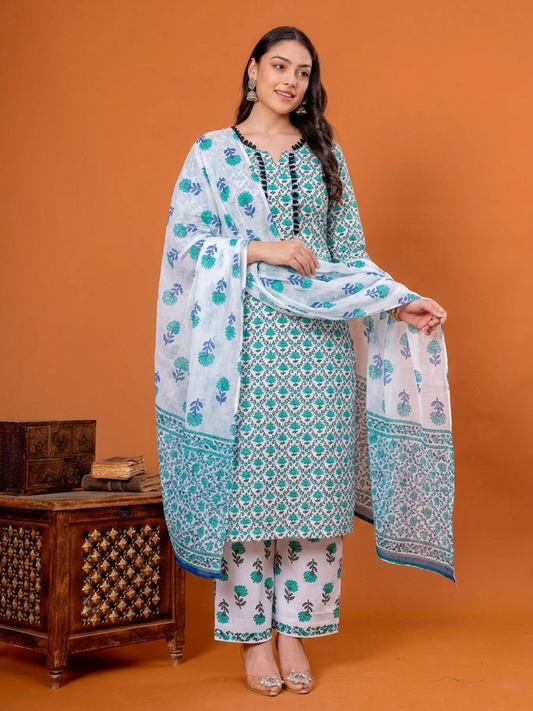 Noor X Women's Cotton Printed Zeevani Sea Green Suit Set