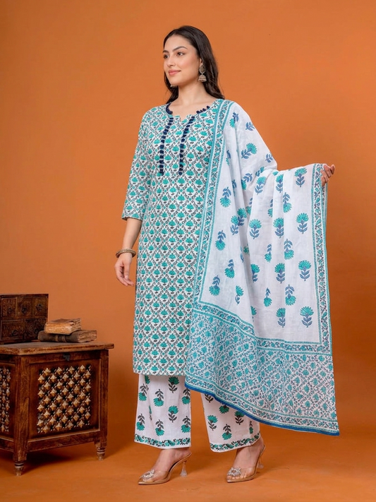 Noor X Women's Cotton Printed Zeevani Sea Green Suit Set