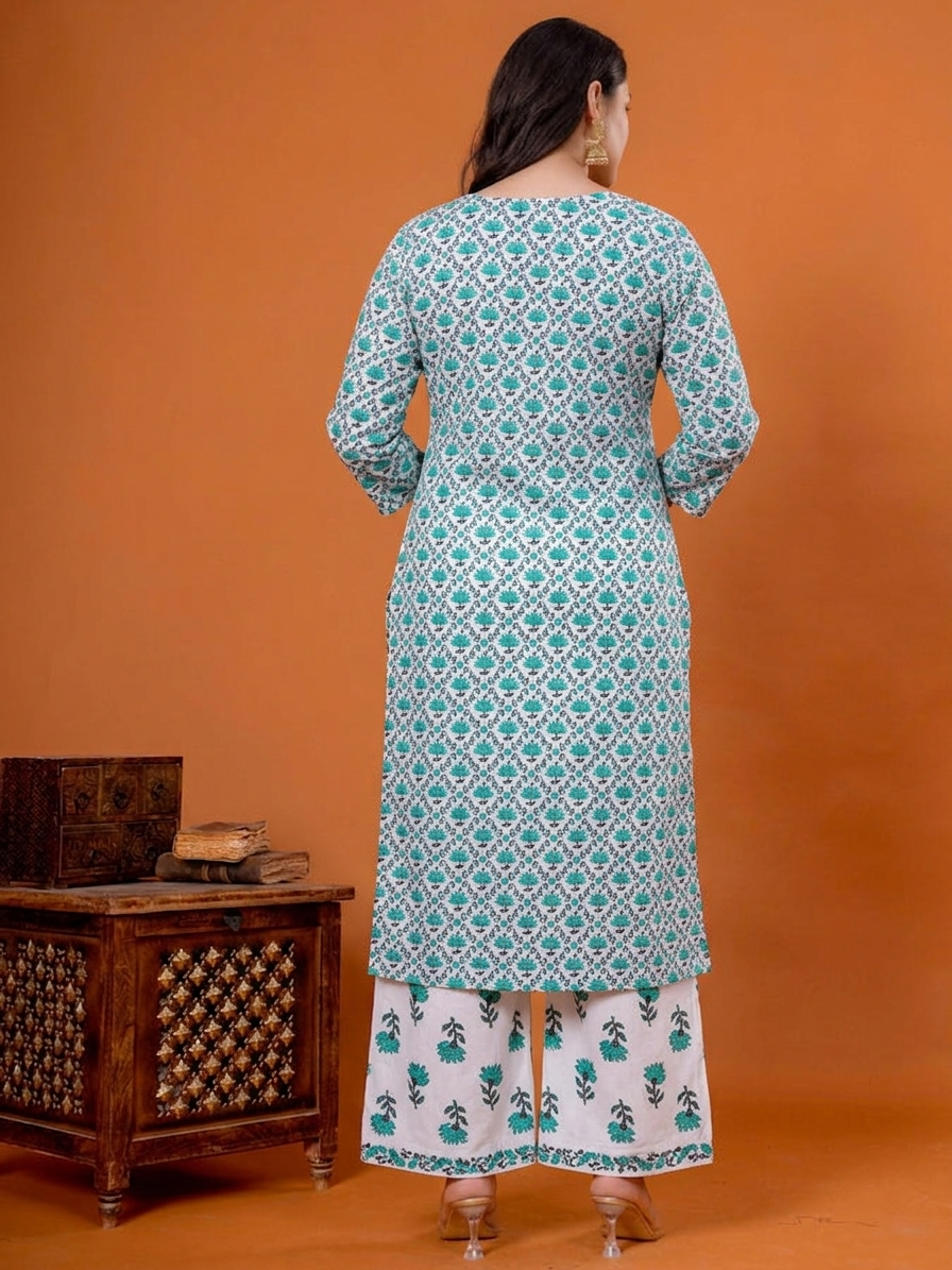 Noor X Women's Cotton Printed Zeevani Sea Green Suit Set
