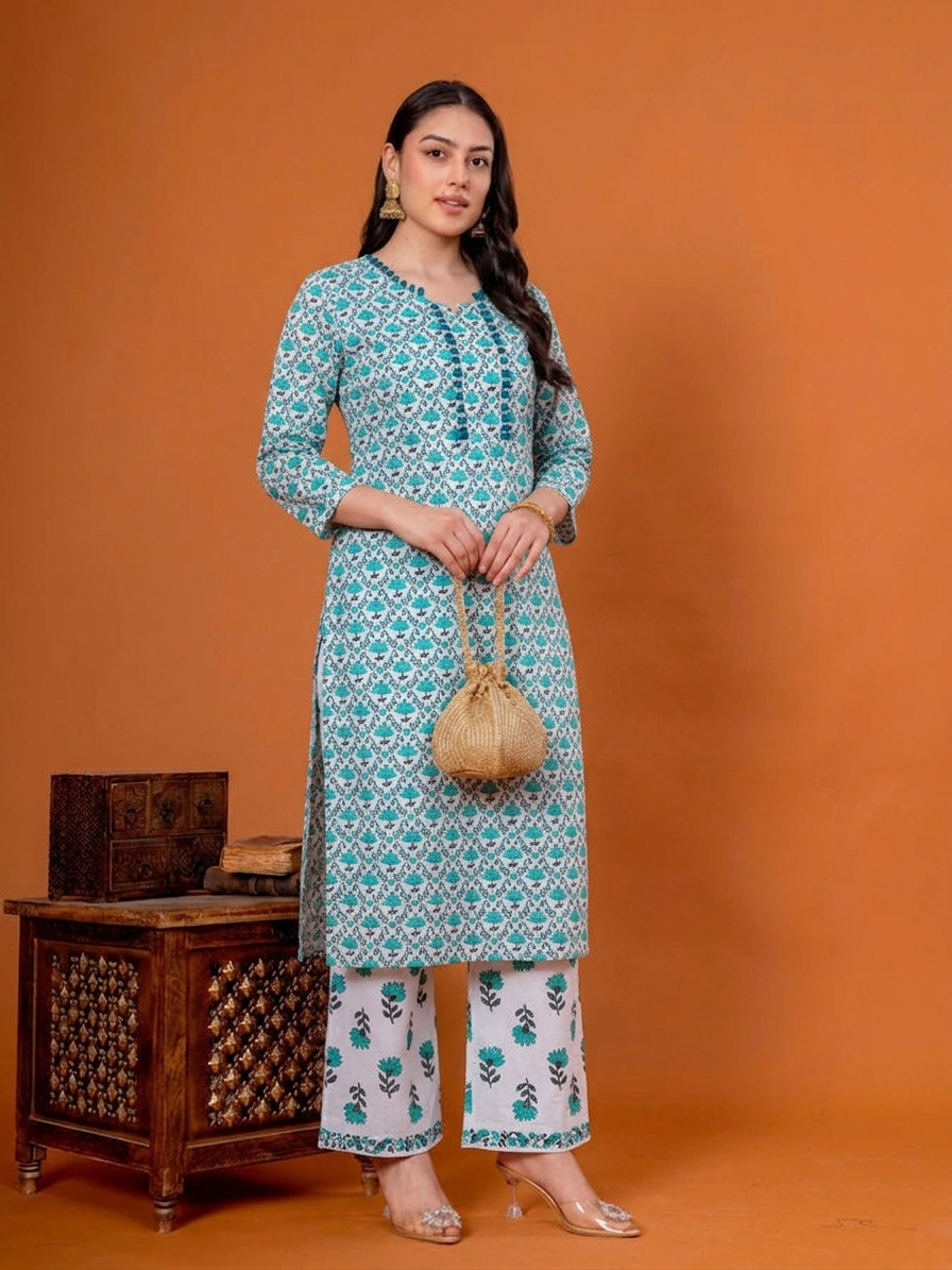 Noor X Women's Cotton Printed Zeevani Sea Green Suit Set