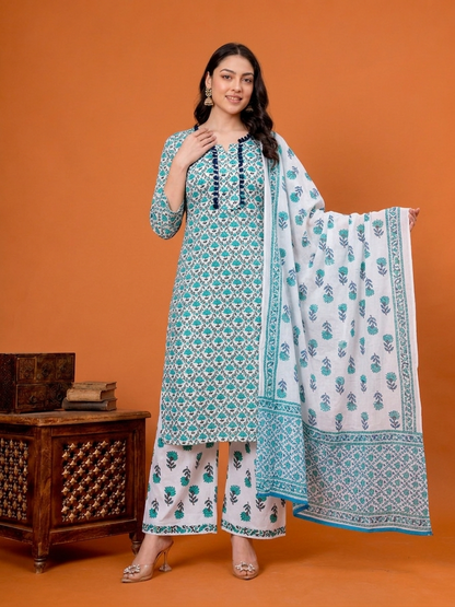 Noor X Women's Cotton Printed Zeevani Sea Green Suit Set