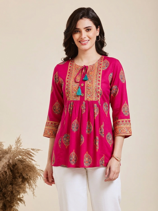 Women's Floral Printed Pink Bulbul Top